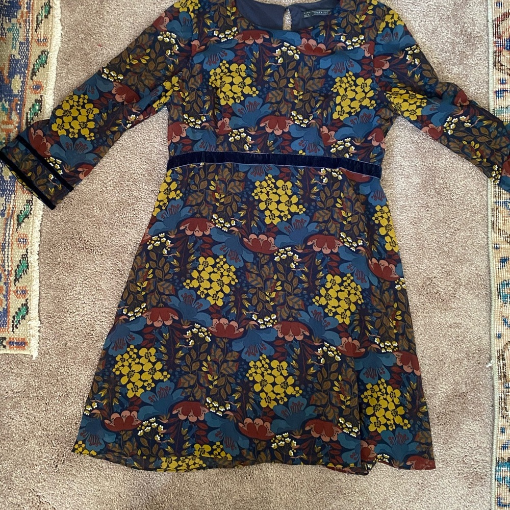 Zara Blue and Yellow A-line Midi Dress with Long Cuffed Sleeves
